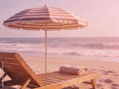 summer beach scene with sunbed umbrella and ocean view