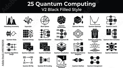 Comprehensive collection of twenty five quantum computing and physics science icons in a black filled style.