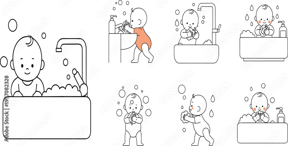 Fototapeta premium Baby Bathing and Hygiene Routine Outline Vector Set with Washing Hands Bath Tub Soap and Cleaning Steps for Infant Care Illustration Design.