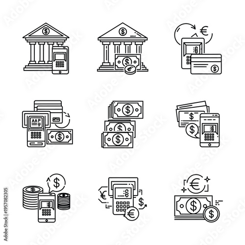 Line art icons depicting various banking and financial services, including bank buildings, ATMs, credit cards, mobile banking, and currency exchange.