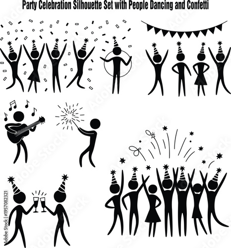 Black silhouettes of people celebrating a joyful party with dancing, confetti, music, and sparklers