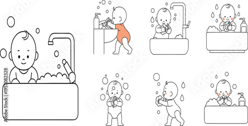 Baby Bathing and Hygiene Routine Outline Vector Set with Washing Hands Bath Tub Soap and Cleaning Steps for Infant Care Illustration Design.