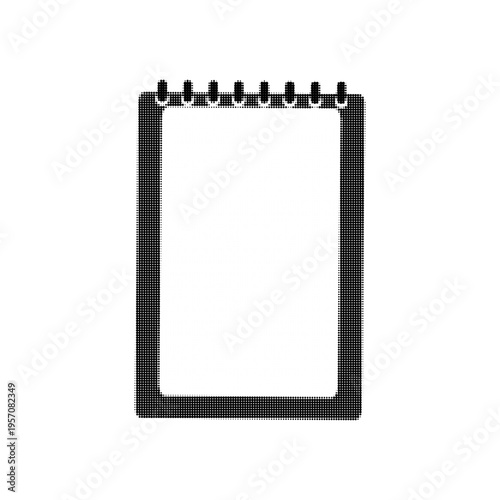 Monochrome halftone illustration of spiral bound notebook page frame, minimal design, blank template for notes, education and office stationery concept.