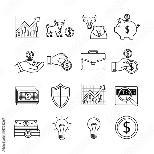 Set of financial and business line icons depicting stock market trends, money, security, investment, and innovative ideas.