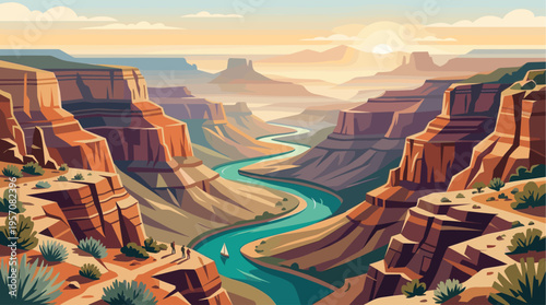 A stylized illustration depicts the vast Grand Canyon at sunset with a winding river below and tiny figures of hikers on the rim, evoking a sense of adventure and natural beauty.