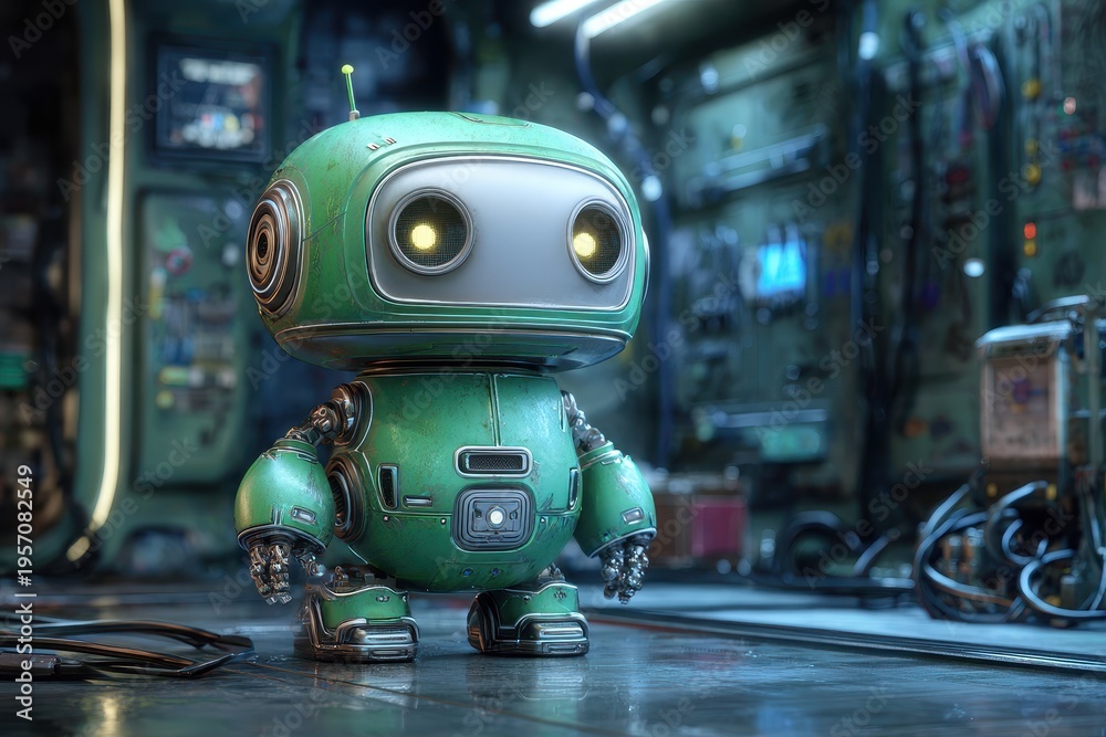 Fototapeta premium Conceptual 3D green robot design in a sci-fi manufacturing setting