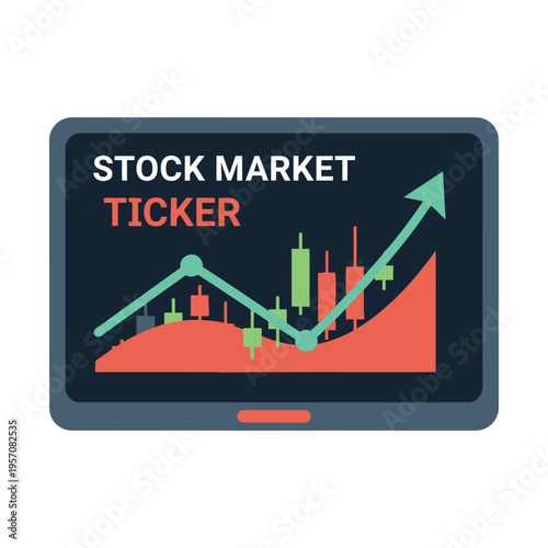 Digital screen displaying a stock market ticker with a candlestick chart and an upward trend line, symbolizing financial growth and investment.