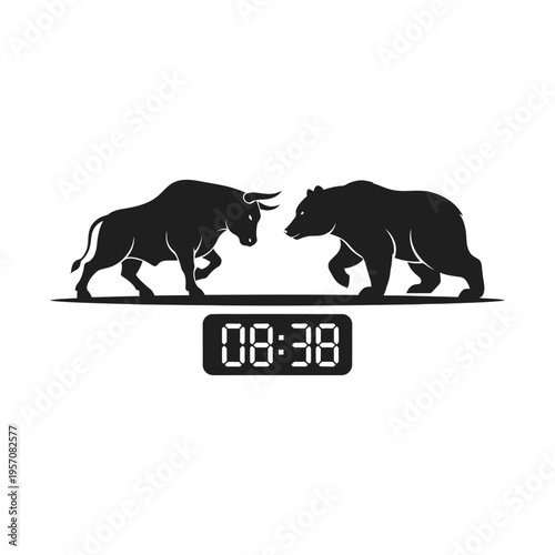 Black silhouettes of a bull and a bear facing each other, symbolizing stock market trends, with a digital clock displaying 08:38 below them.