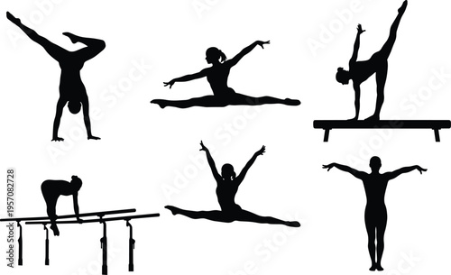 Gymnast silhouette collection with handstand, splits, balance beam poses, acrobatic sport training, fitness movement black vector illustration isolated set