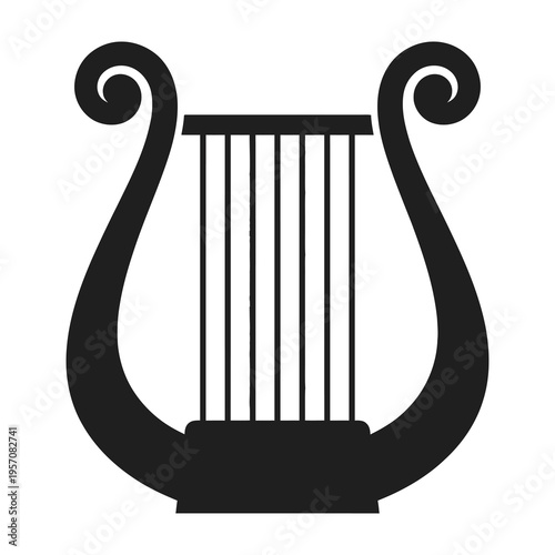 Black silhouette of a lyre with seven strings on white background symbolizing music and art