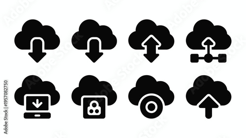Cloud computing silhouette icon bundle with upload download and storage symbols on white background