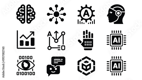 Artificial intelligence icons set with brain ai symbols and data analysis graphics on white background