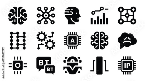 Collection of black and white vector icons representing artificial intelligence technology and communication concepts on a clean white background