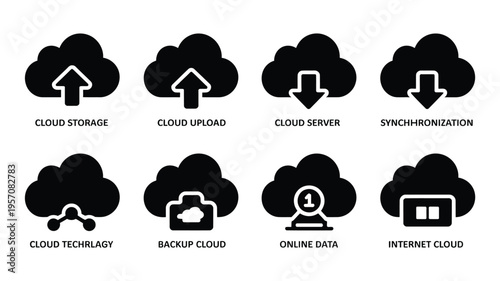 Cloud computing icon set for business and technology including storage upload server and online data concepts on white background