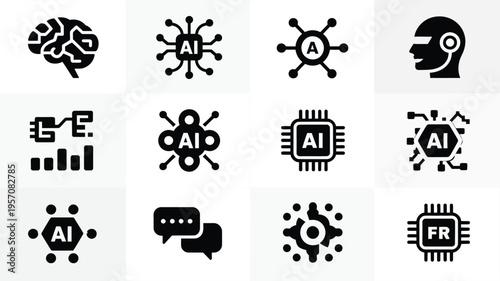 Black and white grid of twelve ai related icons on a clean background