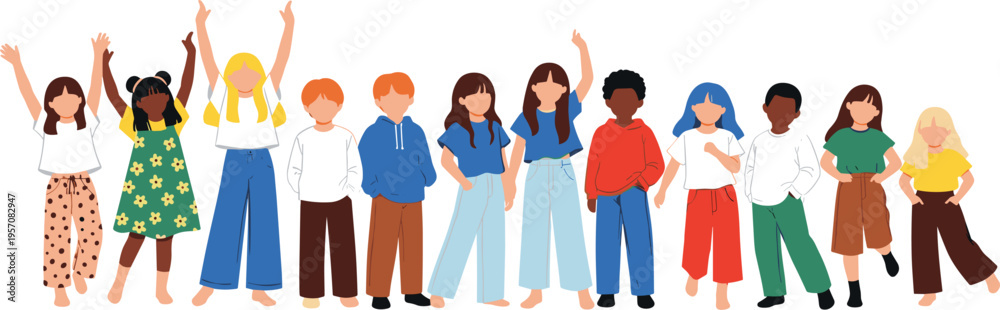 Fototapeta premium Set of diverse children and kids standing together wearing casual colorful clothing isolated on white background for education school friendship and community concepts vector illustration.