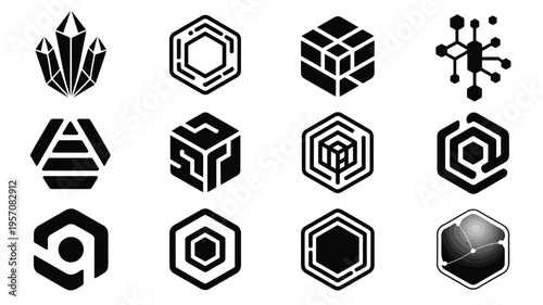 Collection of twelve futuristic geometric shapes and symbols in black and white abstract designs