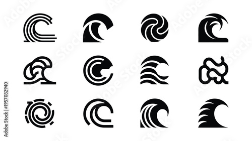 Collection of minimalist wave logos and icons in black on white background for branding