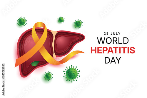 World hepatitis day concept with human liver, awareness ribbon and virus cells