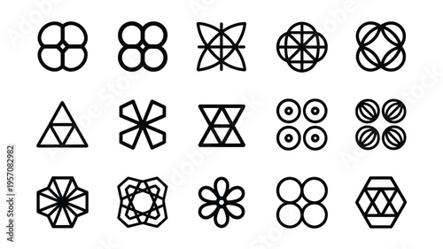 Geometric shapes vector icons set including circles triangles hexagons and abstract designs on white background for graphic design