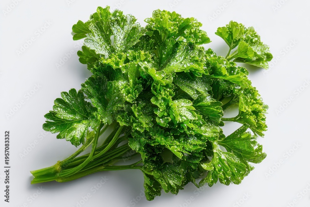 Fototapeta premium Crisp parsley leaves in a single bunch on white surface, natural color and texture