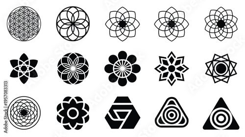 Set of 12 unique black and white geometric logos mandalas and symbols for branding and design projects