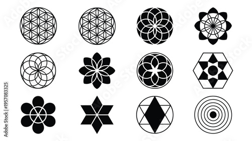 Collection of 12 unique geometric flower of life symbols and sacred geometry shapes in black and white
