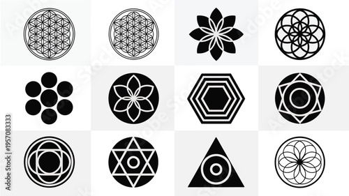 Set of 12 black and white sacred geometric symbols including flower of life hexagons and mandalas on a white background for design and decoration