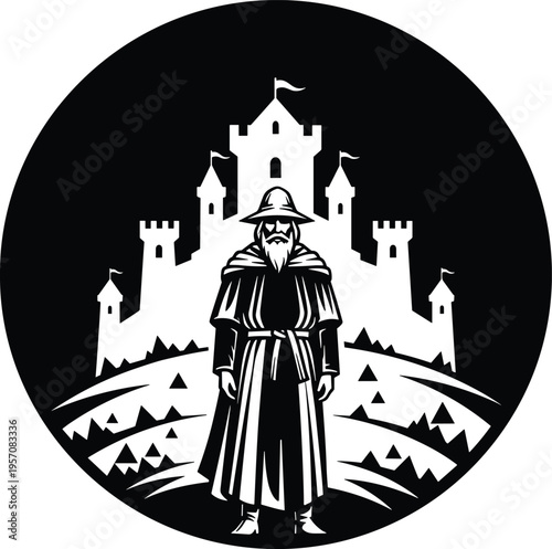 Medieval wizard standing before castle, fantasy sorcerer character, ancient magic figure, black and white silhouette vector illustration emblem design
