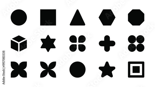 Minimal geometric silhouette bundle with various shapes and symbols on white background for design and creative projects