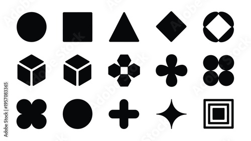 Minimal geometric silhouette bundle with various shapes and symbols on white background for design and creative projects