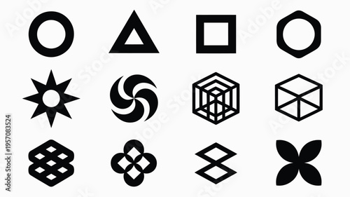 Black vector geometric shapes icons set including circles triangles squares and abstract symbols on white background for design and illustration