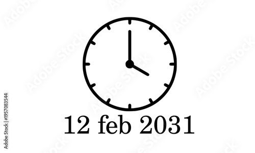 Simple Analog Clock Icon with Date 12 February 2031, Minimal Time and Deadline Concept Illustration for Business, Calendar and Countdown Design