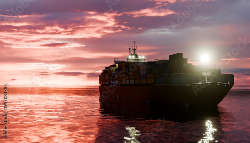 Container ship transporting goods at sunset on the ocean