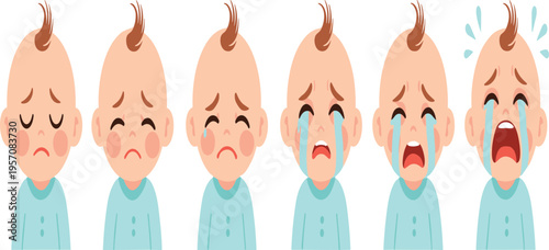 Baby Crying Emotions Set Vector Illustration Showing Infant Facial Expressions from Sad to Loud Crying for Child Mood and Behavior Concept.