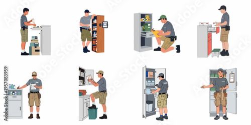 Vector illustration set of male workers in uniforms performing inventory management, stocking shelves, and checking supplies in a warehouse or clinic setting.