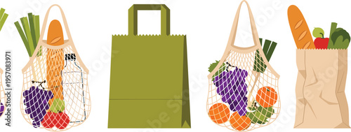 Set of eco friendly grocery bags including reusable mesh totes and paper sacks filled with fresh vegetables fruits and bread isolated on white background.