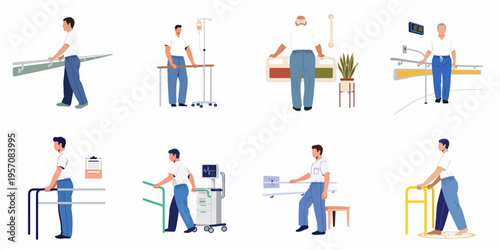Illustrations of patients undergoing physical therapy and rehabilitation in a hospital using various equipment like walkers, handrails, and medical monitors.