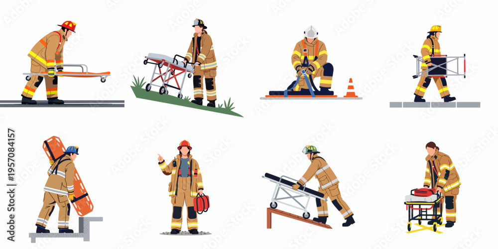 Fototapeta premium Flat Vector Illustration Set of Firefighters Performing Rescue Operations with Medical Stretchers, Gurneys, and Equipment on White Background