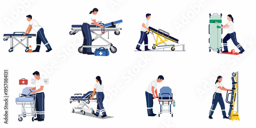 Flat vector illustrations of paramedics operating and transporting medical stretchers and gurneys in various emergency response scenarios.