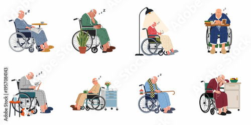Set of eight illustrations featuring an elderly man sleeping in a wheelchair, showcasing different quiet moments in senior life and retirement.