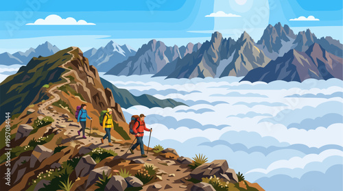 Three hikers with backpacks traverse a winding mountain trail above a sea of clouds, surrounded by majestic rocky peaks under a bright blue sky.