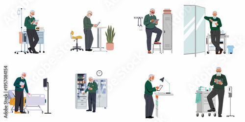 Set of Illustrations of a Senior Male Doctor Working in Various Hospital and Clinic Settings Using a Digital Tablet
