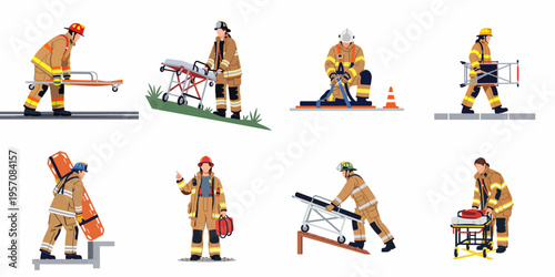 Flat Vector Illustration Set of Firefighters Performing Rescue Operations with Medical Stretchers, Gurneys, and Equipment on White Background