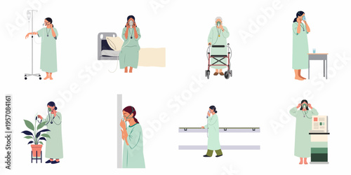 Collection of flat vector illustrations depicting female patients in hospital gowns using oxygen masks in various medical settings and situations.