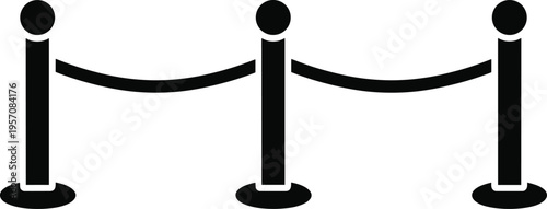 Queue barrier stanchion icon with rope divider, crowd control system, event security post silhouette, minimal black vector illustration design