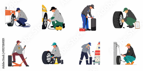 Professional mechanics and service workers performing tire maintenance, pressure checks, and wheel changes in a collection of various flat vector illustrations.