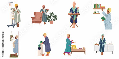 Diverse set of women in robes engaging in self-care, recovery, and daily routines at home and in a healthcare setting.