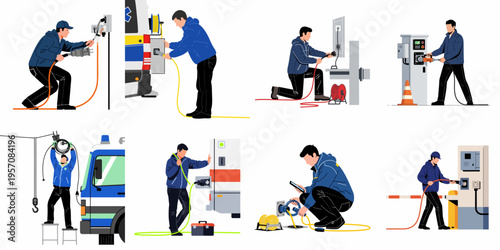 Collection of flat illustrations showing a technician connecting power cables and charging service vehicles in various industrial and outdoor settings.