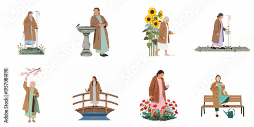 Set of flat vector illustrations depicting elderly women in various scenarios, including nature settings, medical care with IV poles, and quiet outdoor moments.
